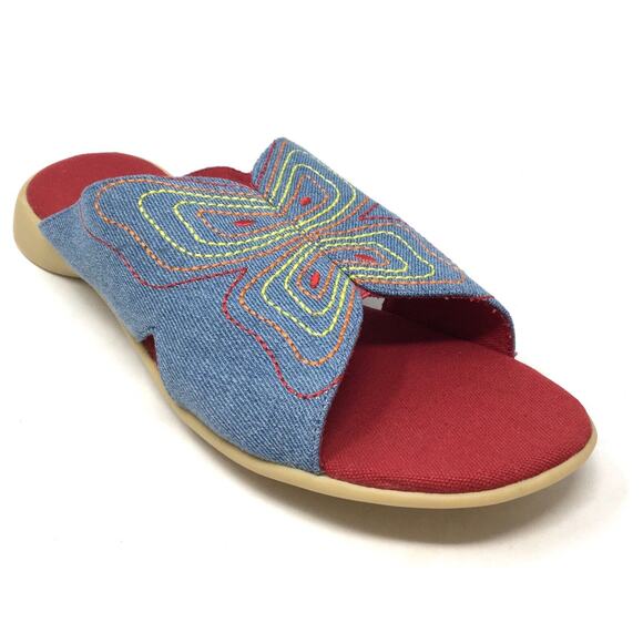 Vintage Shoes - Vintage Embroidered Butterfly Sandals Women's Sz 8 Blue Denim Colorful Sandals